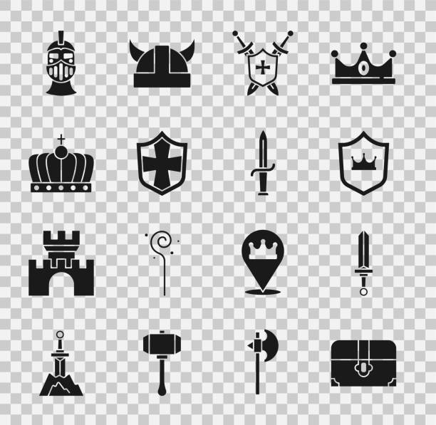 набор античный сундук с сокровищами, средневековый меч, щит с короной, щит мечей, король, железный шлем и кинжал иконы. вектор - stone cross stock illustrations