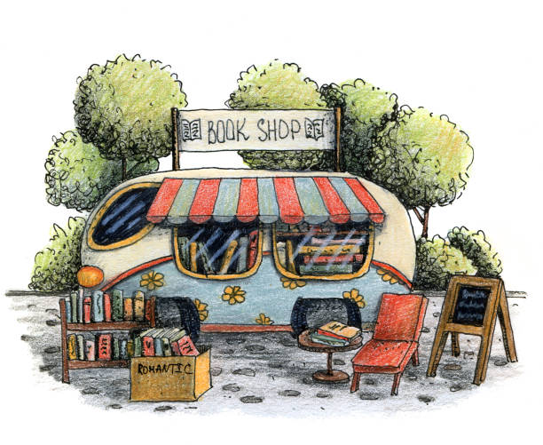 ilustrações de stock, clip art, desenhos animados e ícones de cute summer and spring book shop with bus, trees, chair and shelf. - book library door retro revival