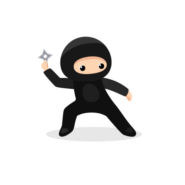 Cute ninja with shuriken isolated on white background Cute standing ninja shinobi ready to throw shuriken. Vector illustration isolated on white background ninja stars drawing stock illustrations