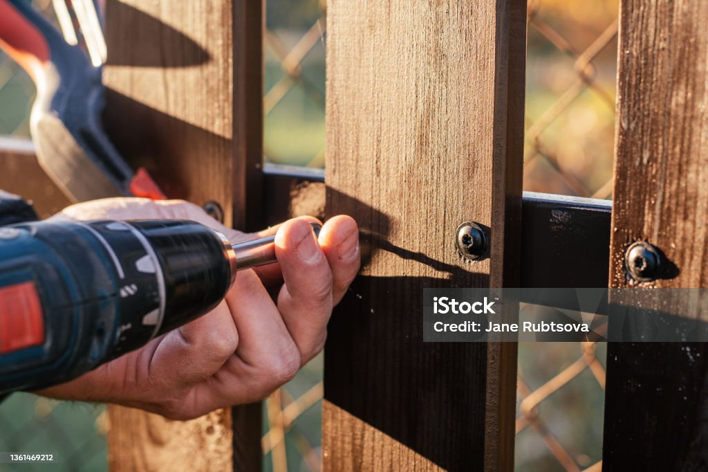 Hand of carpenter holding stud driving machine putting screw into wooden plank to metal construction of wooden fence. Hand of carpenter holding stud driving machine putting screw into wooden plank to metal construction for reconstructing wooden fence. Outdoor works. Chain-link fence background. Close up. Fence Stock Photo