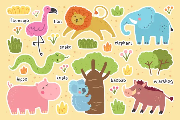 Vector illustration of Wild animals stickers sheet, set. Elephant, lion, flamingo, snake, hippo, koala, warthog. Vector design for children. Isolated on background.