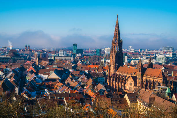 Germany, Freiburg im Breisgau city, gothic muenster cathedral in winter with misty atmosphere, panorama view above skyline at sunset stock photo