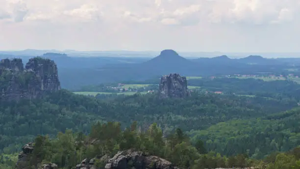 View from Carolafelsen to Falkenstein and Lilienstein on a sunny day, Saxon Switzerland, Germany