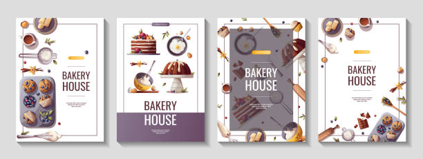 набор флаеров для выпечки, хлебобулочного цеха, кулинарии, сладких продуктов, десерта, выпечки. - backgrounds baked bakery breakfast stock illustrations