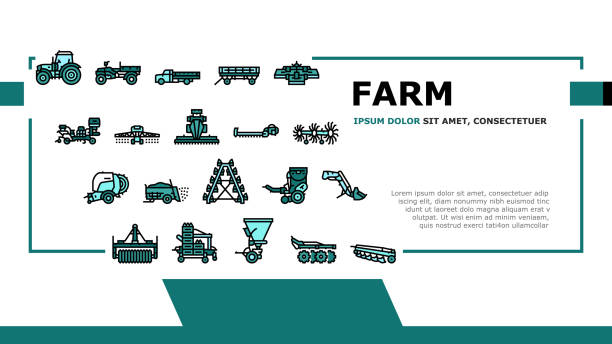 Farm Equipment And Transport Landing Header Vector Farm Equipment And Transport Landing Web Page Header Banner Template Vector. Baler Manure Spreader, Hydroponic And Transplanter Machinery Farm Equipment Line. Tractor Truck Farmland Car Illustration manure-spreader stock illustrations