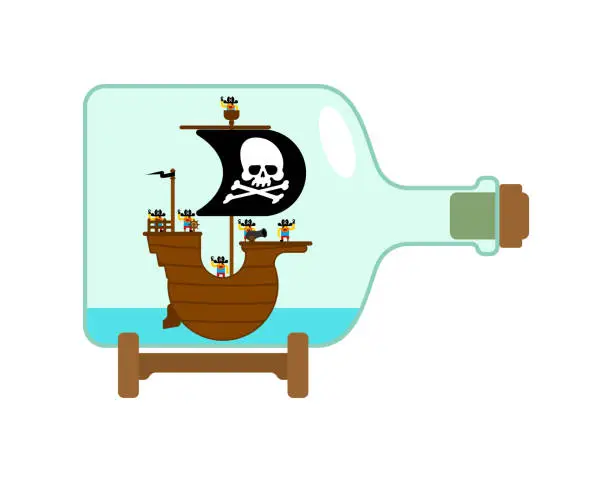 Vector illustration of Pirate ship in bottle isolated. vector illustration