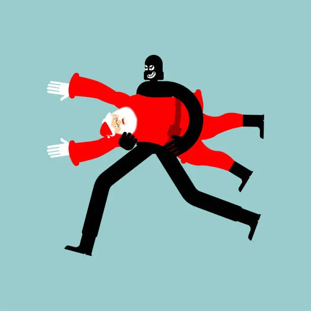Vector illustration of Thief stolen Santa Claus. Burglar Stole grandfather. Criminal carries. New Year is canceled. There will be no holiday
