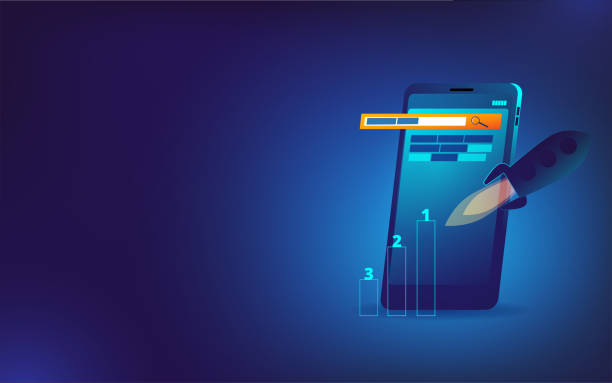 A mobile phone with search results and analytical charts. A mobile phone with search results, a ranking system and a rocket taking off. Vector illustration on the topic of SEO and website promotion on the Internet. Horizontal banner template. rocket launch platform stock illustrations