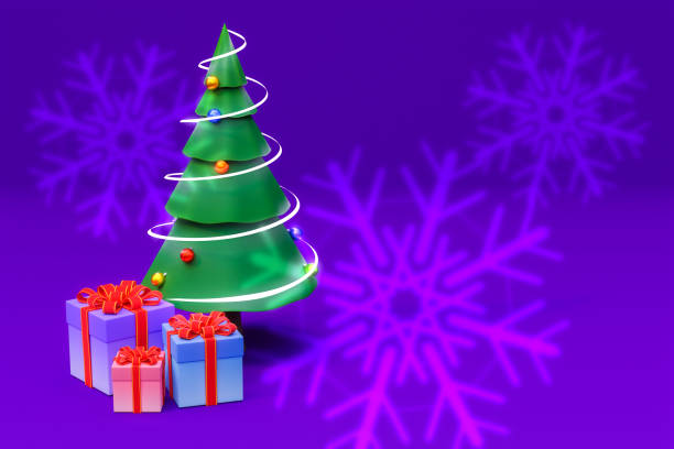 istock A Christmas tree decorated with a light garland and colorful gift boxes underneath against a bright purple background with snowflakes. 3D render. 1361478637