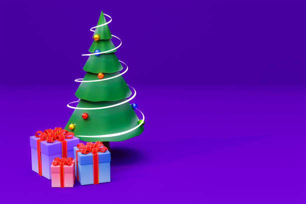 istock A Christmas tree decorated with a light garland and colorful gift boxes underneath against a bright purple background. 3D render. 1361478651