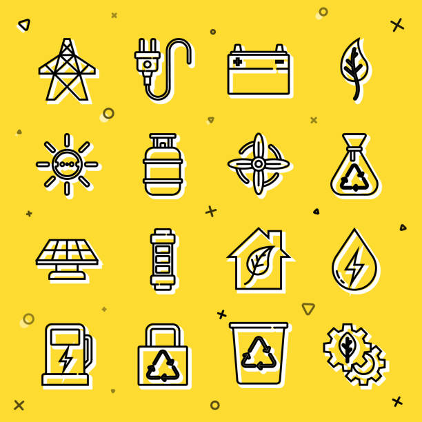 ilustrações de stock, clip art, desenhos animados e ícones de set line leaf plant in gear machine, water energy, garbage bag with recycle, car battery, propane gas tank, solar panel, electric tower and wind turbine icon. vector - drop solar panel symbol leaf