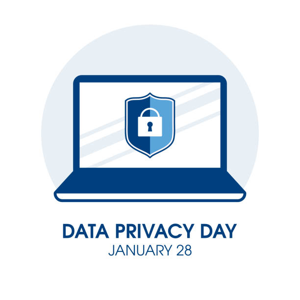 Data Privacy Day vector Protected laptop with shield and lock icon vector. Laptop computer graphic icon isolated on a white background. January 28. Important day privacy stock illustrations