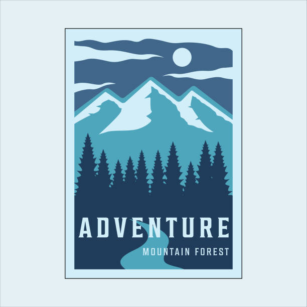 berg und kiefern vintage minimalistische poster vektor illustration vorlage design. abenteuer outdoor banner - mountain mountain range north carolina blue stock-grafiken, -clipart, -cartoons und -symbole