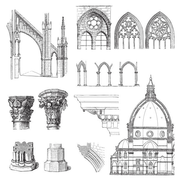 고딕 양식의 건축 스타일 요소 컬렉션 - 빈티지 새겨진 일러스트레이션 - cathedral architecture old church stock illustrations