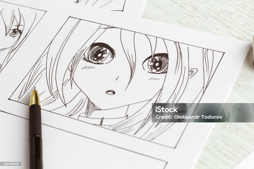 Drawings of anime characters on the desktop. Comic book storyboard. Manga style. Manga Style Stock Photo