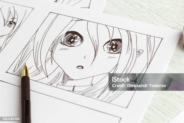 Drawings Of Anime Characters On The Desktop Comic Book Storyboard Manga Style Stock Photo - Download Image Now