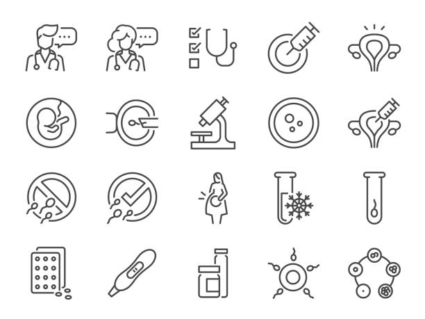 icsi- und ivf-liniensymbol-set. enthalten die symbole als embryologe, arzt, medizin, schwangerschaft und mehr. - ovulation stock-grafiken, -clipart, -cartoons und -symbole