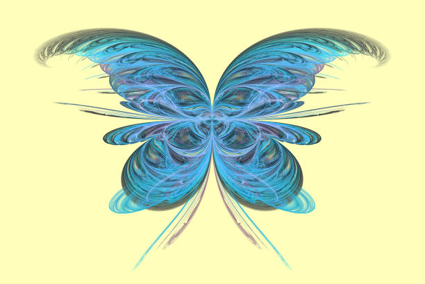 Fractal, a beautiful blue butterfly on a yellow background stock photo