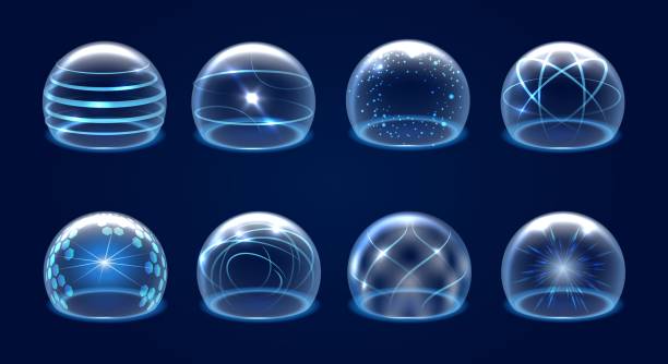 Futuristic shield spheres Shield spheres. Futuristic circle shells, protection technology vectors, protected fields bubbles, force protective dome elements image on blue background dome stock illustrations