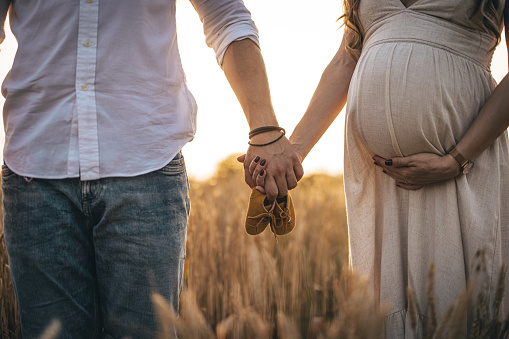 Pregnant woman in dress and her husband standing in grass field and holding hands