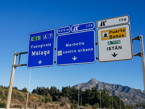Marbella, Spain: December- 07- 2021 .Traffic sign of the highway of the Costa del Sol, Spain, in the direction of Marbella and Fuengirola