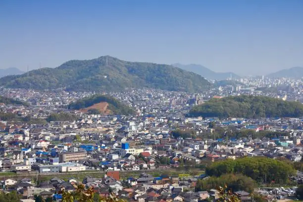 Himeji City, Japan. Cityscape seen from surrounding mountains.