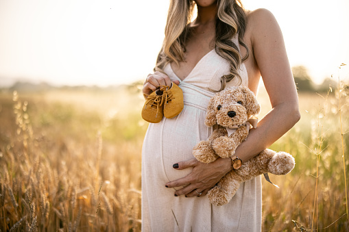 Pregnant woman in dress standing in grass field in nature while holding baby booties and teddy bear