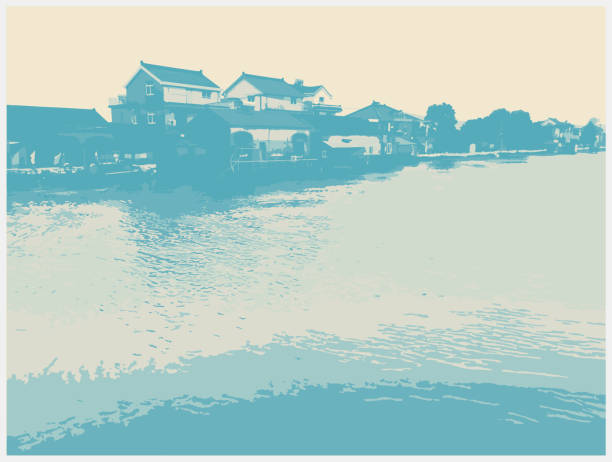 color woodcut style country landscape,folk house in river side