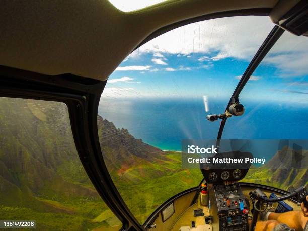Flying Over Coastal Valley In Helicopter Stock Photo - Download Image Now - Helicopter, Sea, Cockpit