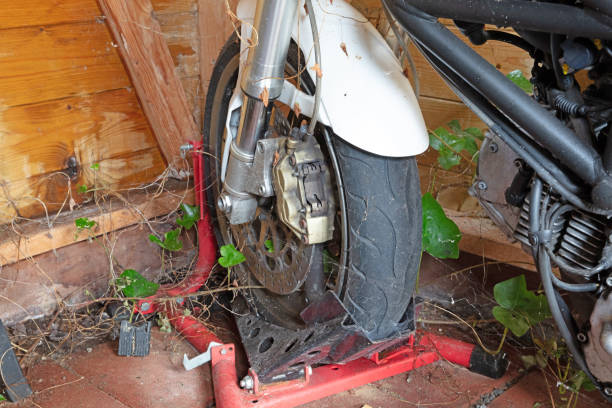 istock Old and dirty motorcycle in a shed, overgrown 1361493915