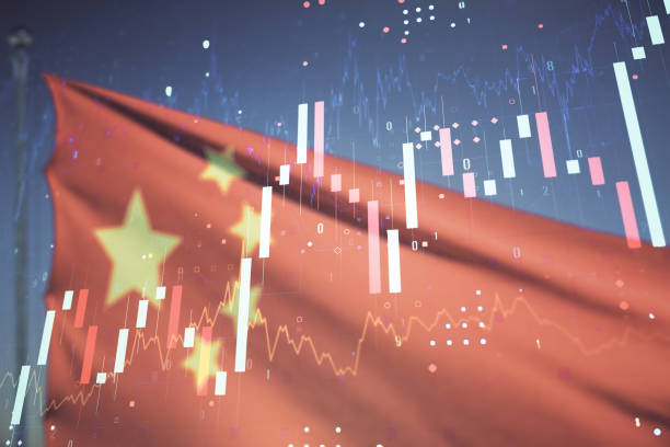 istock Multi exposure of virtual abstract financial graph interface on Chinese flag and sunset sky background, financial and trading concept 1361495207