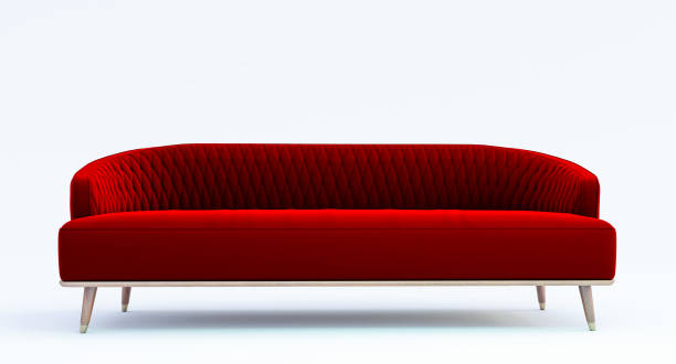 istock Red fabric sofa with pillows isolated on white background. 1361495563