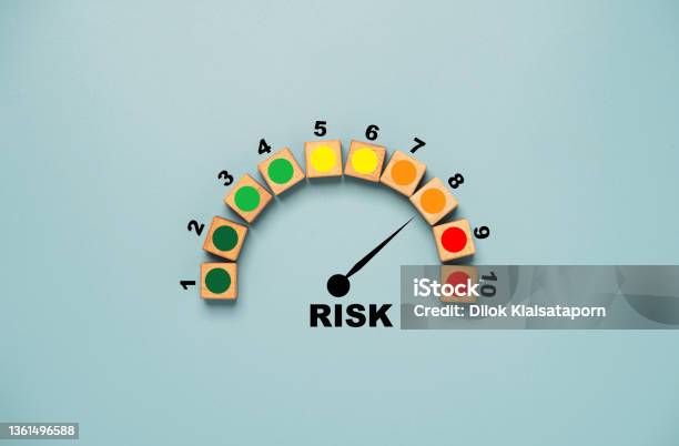 Risk Level Indicator Rating Print Screen Wooden Cube Block Since Low To High On Blue Background For Risk Management And Assessment Concept Stock Photo - Download Image Now