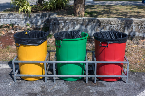 istock Garbage bin in public park. colorful trash bin. wheelie bin for rubbish, Public trash background 1361496663