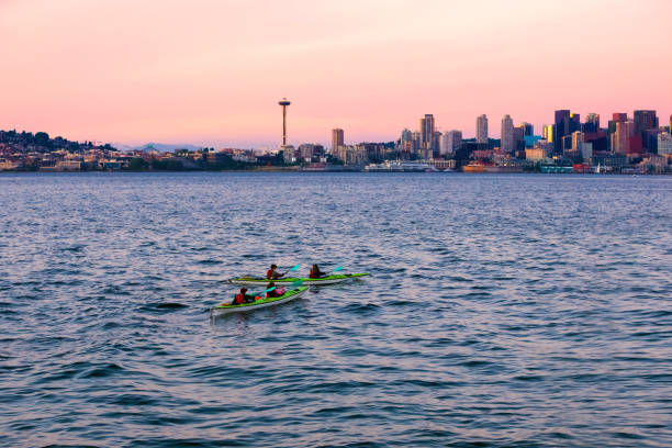 istock Kayaking in the Puget Sound with Seattle skyline at sunset 1361496828