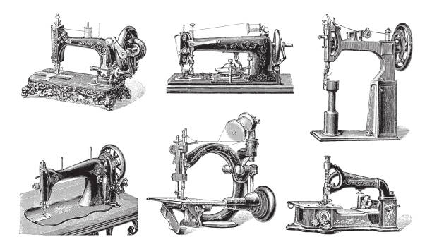 ilustrações, clipart, desenhos animados e ícones de coleção de máquinas de costura antigas - ilustração gravada vintage - sewing machine sewing sewing item needle