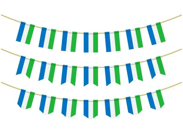 Vector illustration of Sierra leone flag on the ropes on white background Set of Patriotic bunting flags. Bunting decoration of Sierra leone flag