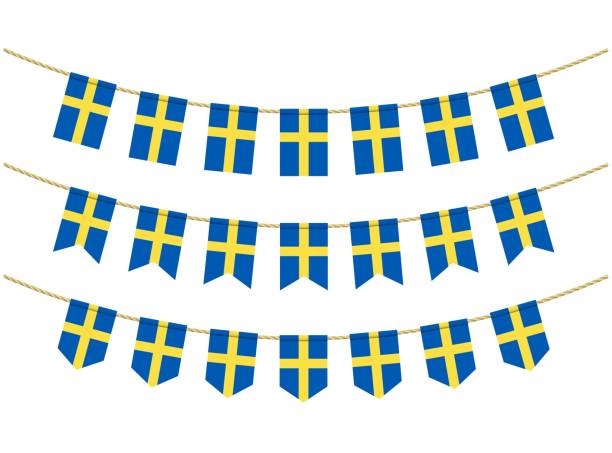 Sweden flag on the ropes on white background. Set of Patriotic bunting flags. Bunting decoration of Sweden flag Sweden flag on the ropes on white background. Set of Patriotic bunting flags. Bunting decoration of Sweden flag sweden flag stock illustrations