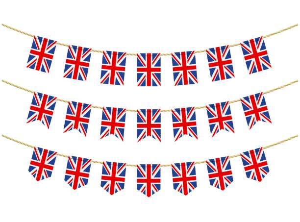 ilustrações, clipart, desenhos animados e ícones de bandeira do reino unido nas cordas de fundo branco. conjunto de bandeiras patrióticas. decoração de bunting da bandeira do reino unido - flag britain