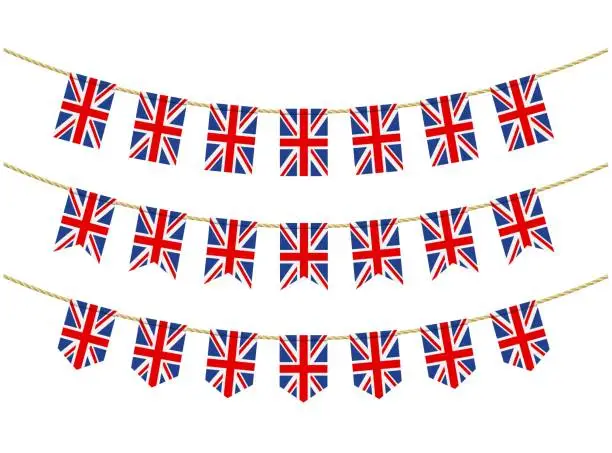 Vector illustration of United Kingdom flag on the ropes on white background. Set of Patriotic bunting flags. Bunting decoration of United Kingdom flag