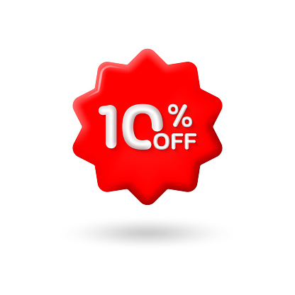 10 percent price off icon or label. 3d sale or discount badge or price tag for promo design. Vector illustration.