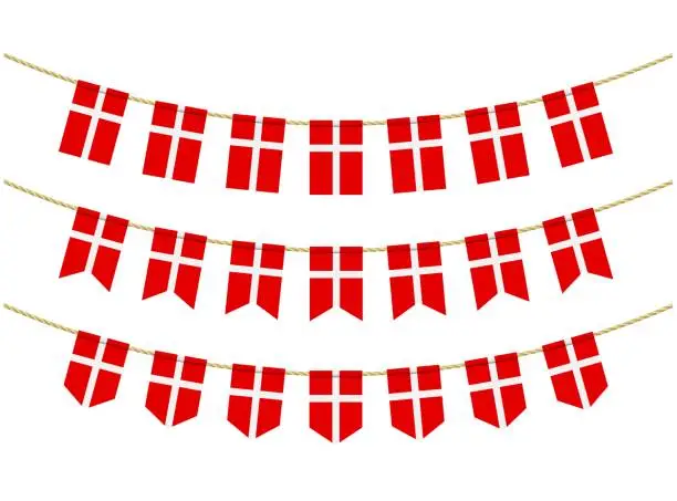 Vector illustration of Denmark flag on the ropes on white background. Set of Patriotic bunting flags. Bunting decoration of Denmark flag