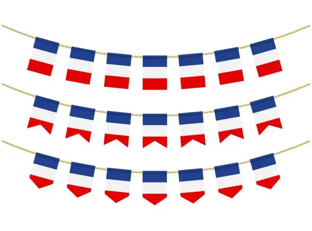 Vector illustration of France flag on the ropes on white background. Set of Patriotic bunting flags. Bunting decoration of France flag