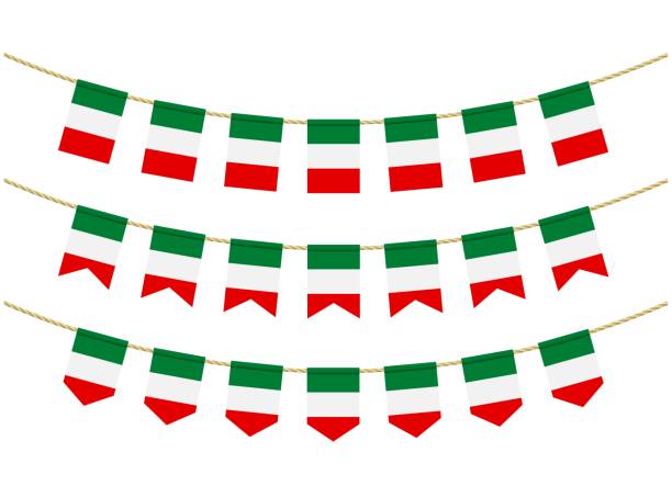 illustrazioni stock, clip art, cartoni animati e icone di tendenza di bandiera dell'italia alle corde su sfondo bianco. set di bandiere di zigolo patriottico. decorazione zigolo della bandiera d'italia - bandiera italiana