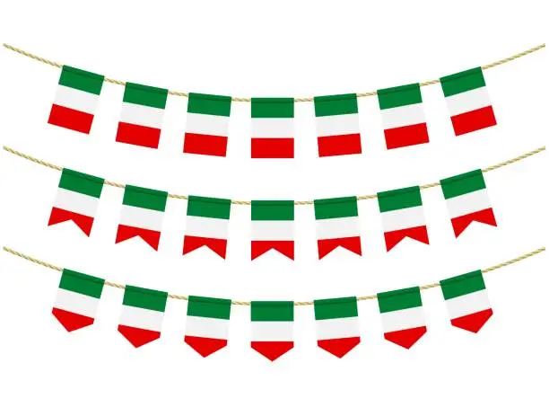 Vector illustration of Italy flag on the ropes on white background. Set of Patriotic bunting flags. Bunting decoration of Italy flag