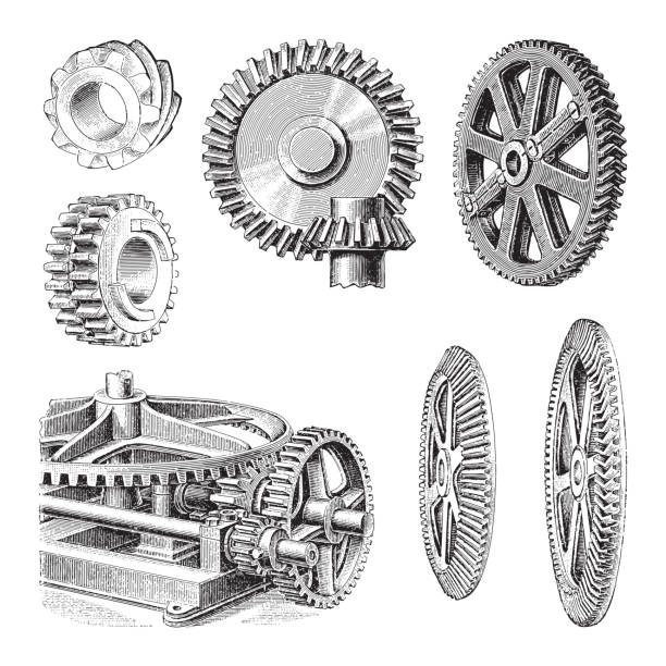 kolekcja kół zębatych - ilustracja grawerowana w stylu vintage - engraved image gear old fashioned machine part stock illustrations