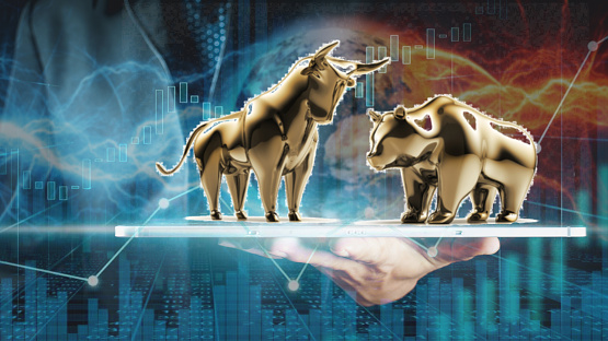 Concept art of Bull vs Bear in futuristic idea suitable for Stock Marketing or Financial Investment,Bull and Bear