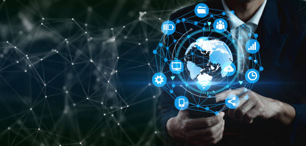 istock Business people using mobile smartphones on a global network 1361505603