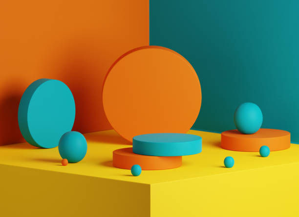 istock Minimal abstract geometric composition background for product display in bright unique color palette. 3d render mockup for luxury beauty and cosmetic product. Summer podium stage stage. 1361506722