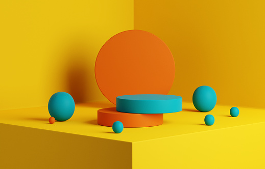 Abstract yellow geometric composition background. Product stage platform in vibrant summer color palette. Minimal mockup 3d render design.